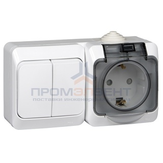 Блок выключатель двухклавишный + розетка с/з Этюд IP44 белый [уп 7шт]